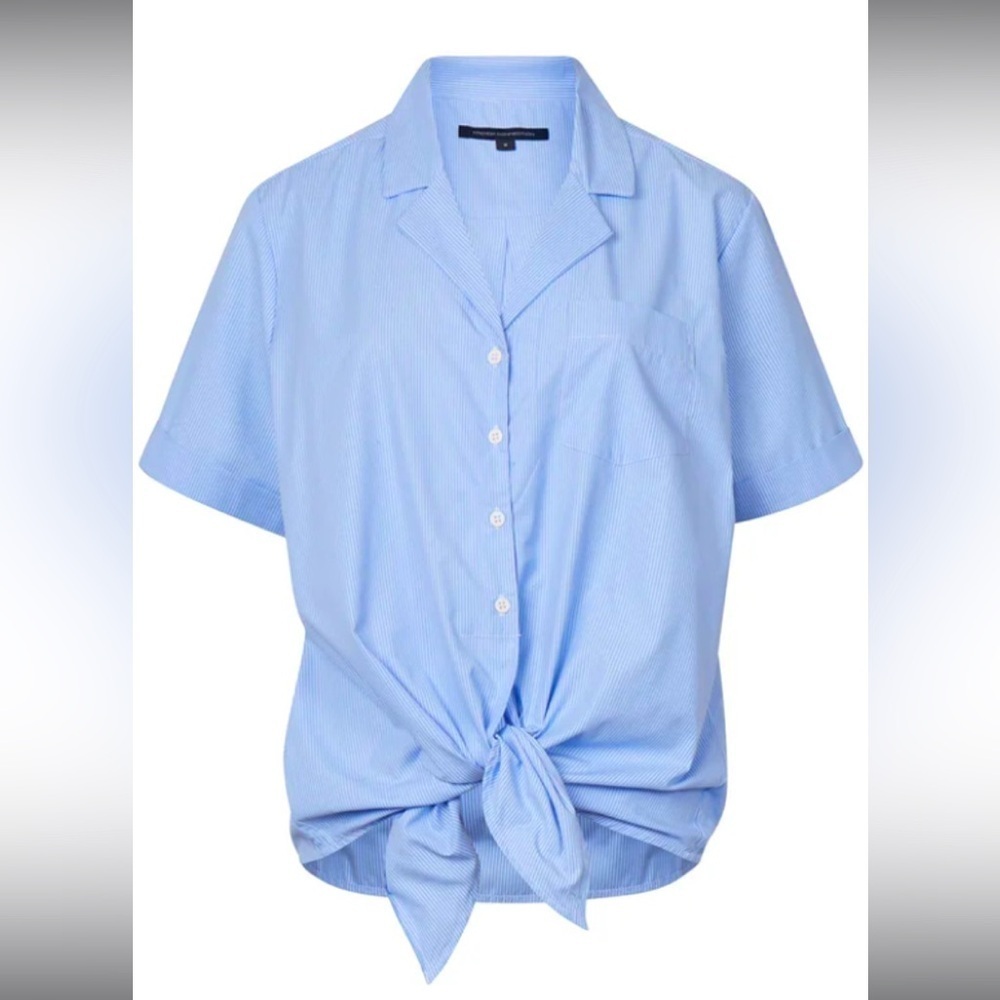 French connection striped button up short sleeve bow top blouse spring